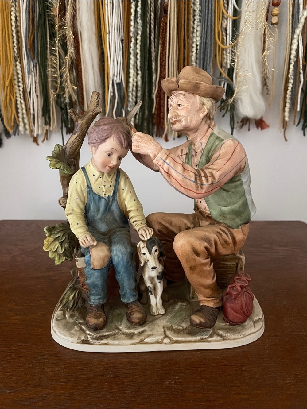 Hand-Painted Rustic Grandfather and Boy Figurine in Earth Tones